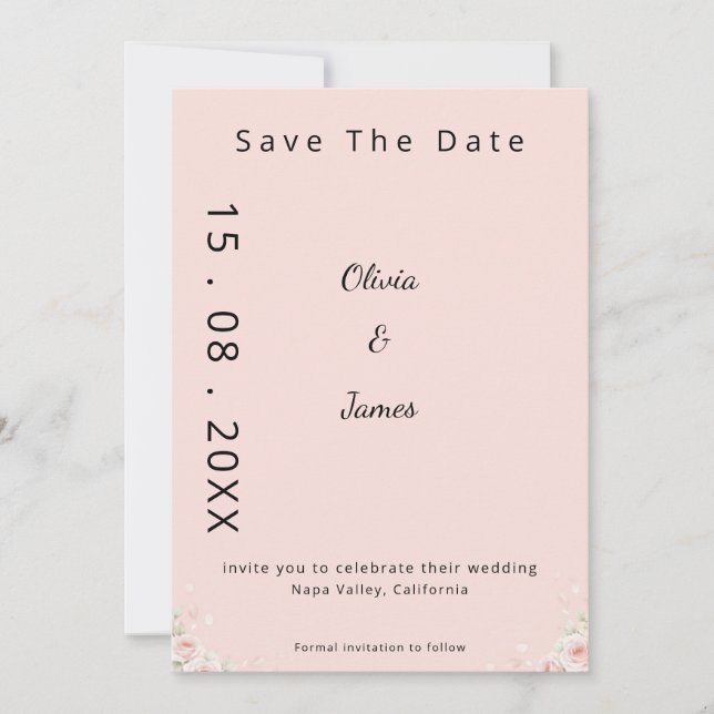 Save The Date Soie Rose Blush Peta Moderne Script Floral Chuchot (Devant)