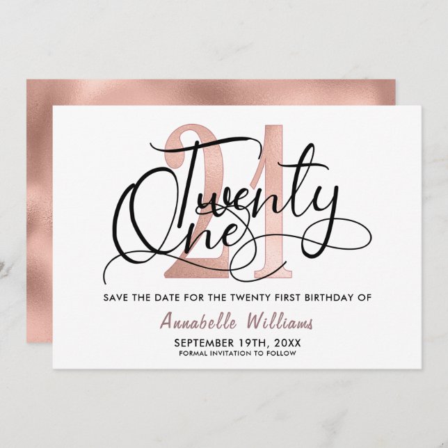 Save The Date Soirée branchée Rose Gold 21e Anniversaire (Devant / Derrière)