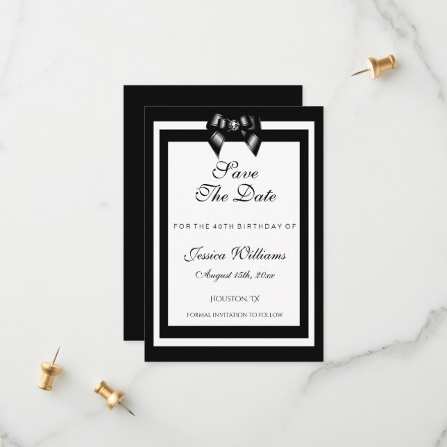 Save The Date Soirée d'anniversaire noire et blanche (Devant/Arrière en situation)