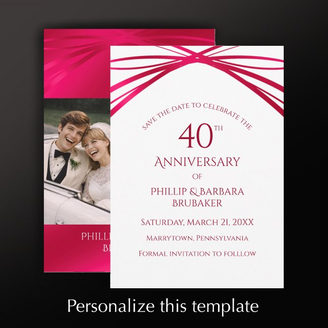 Save The Date Soirée du 40e anniversaire d'Elegant Now & Then Ph (Personalize this elegant ruby 40th wedding anniversary save the date card. Add photo and custom text)