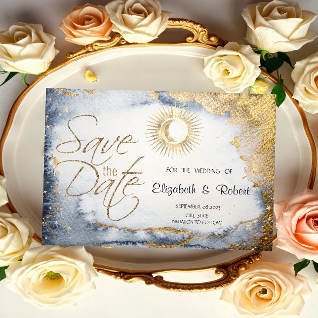 Save The Date Soleil d'or céleste, Lune, Étoiles Aquarelle  (Créateur téléchargé)