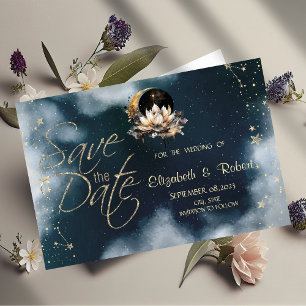 Save The Date Soleil d'or céleste, Lune, Etoiles Lotus Ciel de n