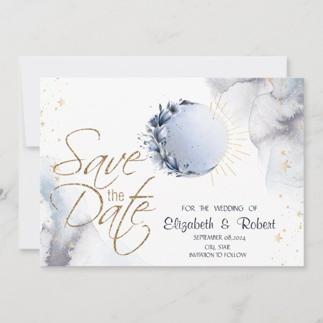 Save The Date Soleil doré céleste, lune bleue, étoiles  (Devant)