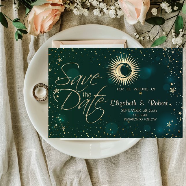 Save The Date Soleil Or Céleste Et Étoiles Lune Vert (Créateur téléchargé)