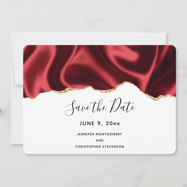 Save The Date Sombre Rouge Glam Wavy Satin Résumé Mariage de con (Devant)