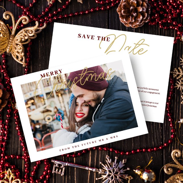 Save The Date  Sophisticated Simple Classic Calligraphy Photo  (Sophisticated Classic Calligraphy Photo Merry Christmas in Fake Gold and Dark Red Holiday Card.)