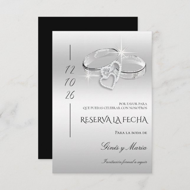 Save The Date Spanish Decorative Glitzy Silver Wedding Rings  (Devant / Derrière)