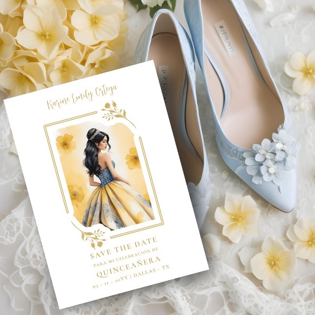 Save The Date Spanish Elegant Quinceañera Yellow Doll Frame (Spanish Elegant Quinceañera in Yellow Doll Floral with a Frame Save the Date Card. )
