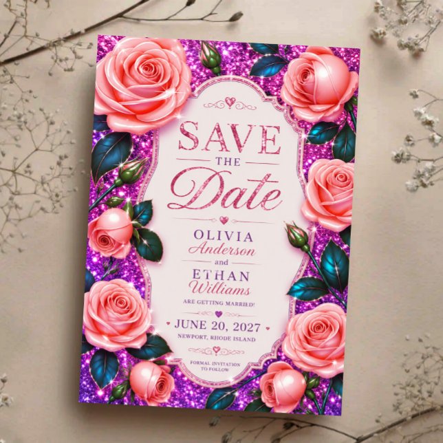 Save The Date Sparkling Pink Glitter Rose (Créateur téléchargé)