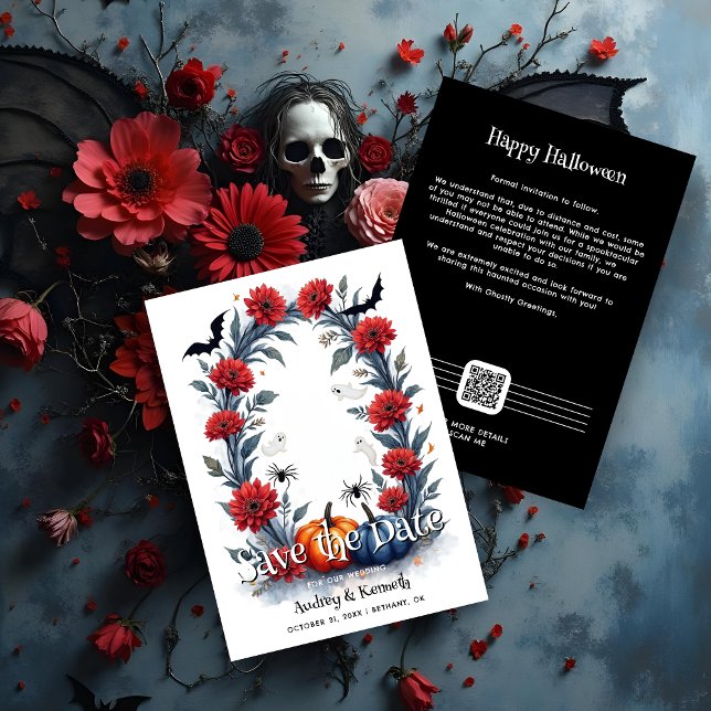 Save The Date Spooky Halloween Gothic Arch Wedding (Halloween Gothic Arch Wedding Save the Date Card with Pumpkins, Ghosts, Bats, Spiders and QR Code.)