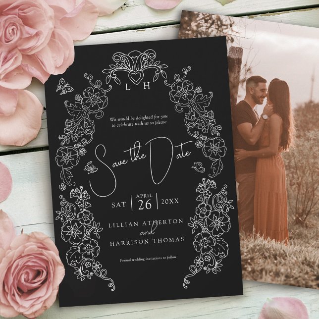 Save The Date Spring Fleur de lis art noir blanc photo mariage (Créateur téléchargé)