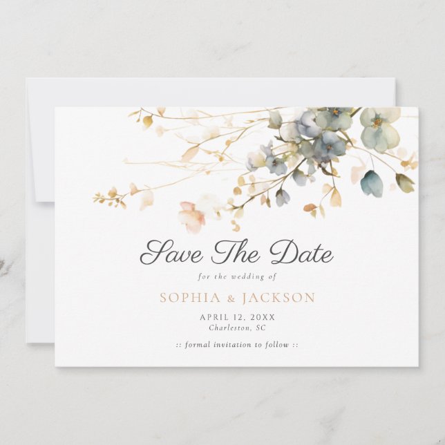 Save The Date Spring Garden Boho Fleur sauvage Beige Blue Mariag (Devant)