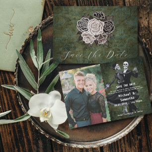 Save The Date Squelettes gothiques Fleurs Photo élégante Mariage