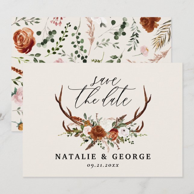 Save The Date Stag rustique mariage en terre cuite élégante (Devant / Derrière)