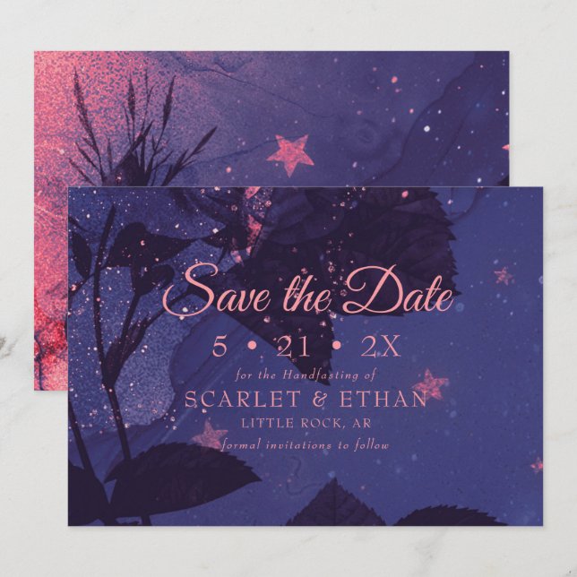 Save The Date Starry Purple Night Alternative Gothique Floral (Devant / Derrière)