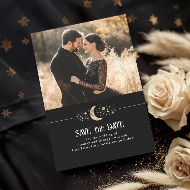 Save The Date Stars Moon Celestial Black Enregistrer la date Pho (Celestial Save the Date Photo Cards)