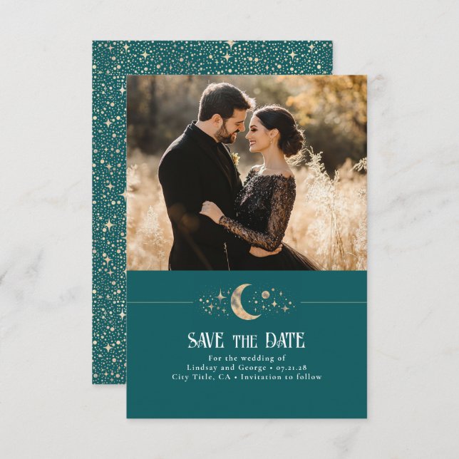 Save The Date Stars Moon Celestial Turquoise Enregistrer la date (Devant / Derrière)