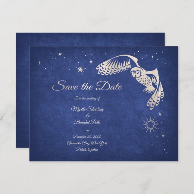 Save The Date Stars Owl Blue Wizard Magic Mariage (Devant / Derrière)