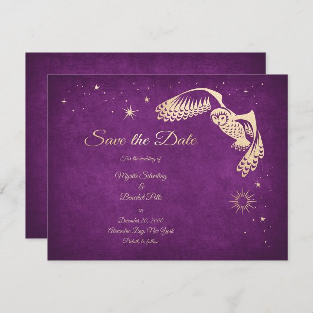 Save The Date Stars Owl Purple Wizard Magic Mariage (Devant / Derrière)