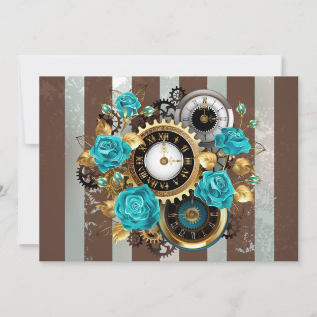 Save The Date Steampunk Clock and Turquoise Roses on Striped (Devant)