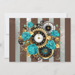 Save The Date Steampunk Clock and Turquoise Roses on Striped