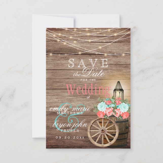 Save the Date - String Lights, Barrel- Teal, Coral (Devant)