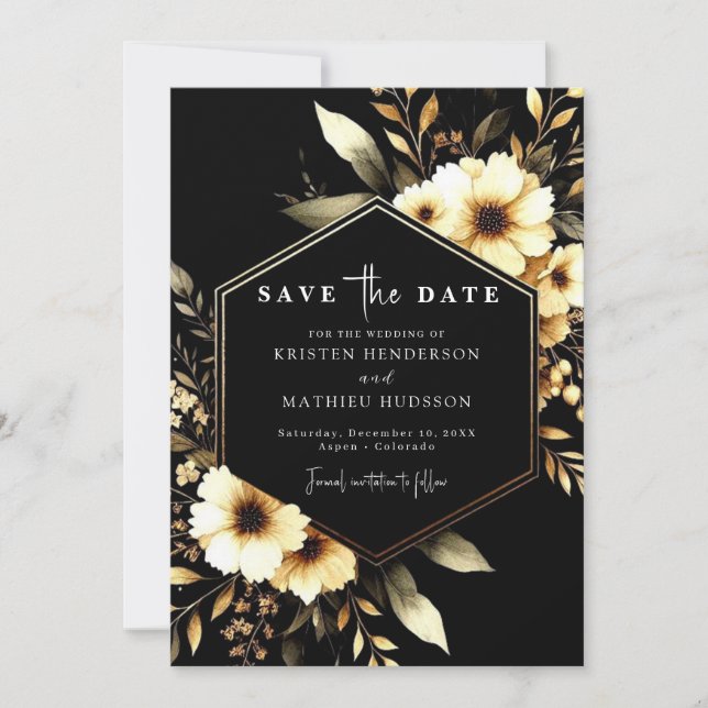 Save The Date Style Botanique Or et Mariage noir (Devant)