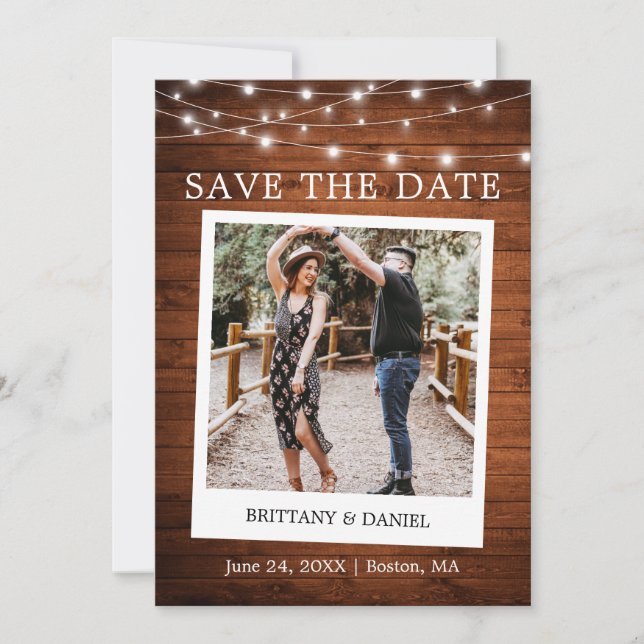 Save The Date Style Caméra instantanée Photo Lumières en bois (Devant)