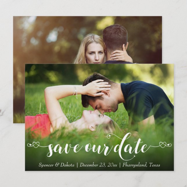 Save The Date Style Coeur Chic Script manuscrit Moderne 2 Photo (Devant / Derrière)
