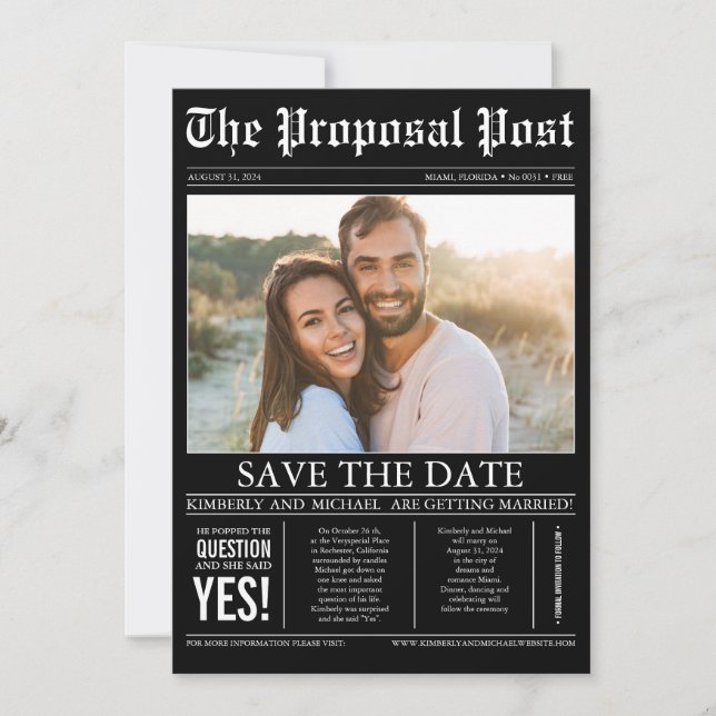 Save The Date Style de journal amusant noir Enregistrer la photo (Devant)