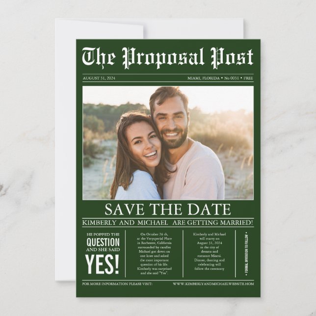Save The Date Style de journal Emerald Green Enregistrer la date (Devant)