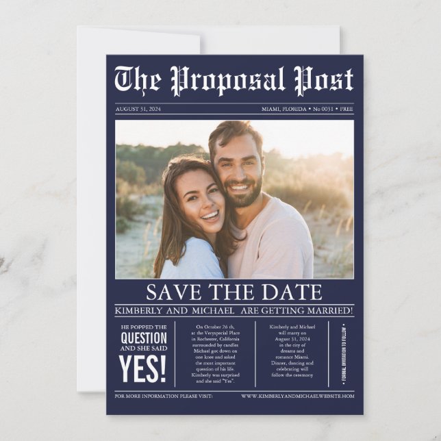 Save The Date Style de journal Marine Bleu Enregistrer la date P (Devant)