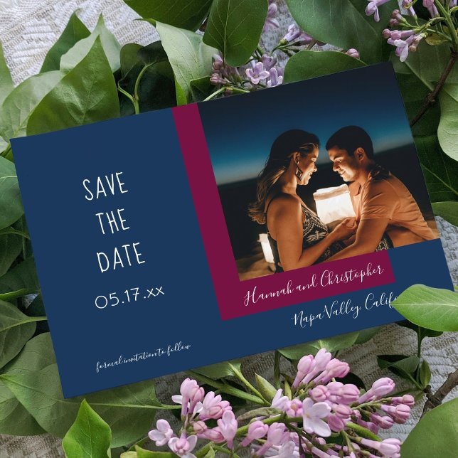 Save The Date Style Moderne Bleu Magenta Photo Mariage simple (Créateur téléchargé)