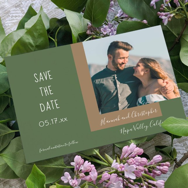 Save The Date Style moderne Olive Green Photo Mariage simple (Créateur téléchargé)