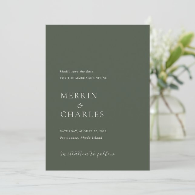Save The Date Style Olive Green Photo Mariage moderne (Debout devant)