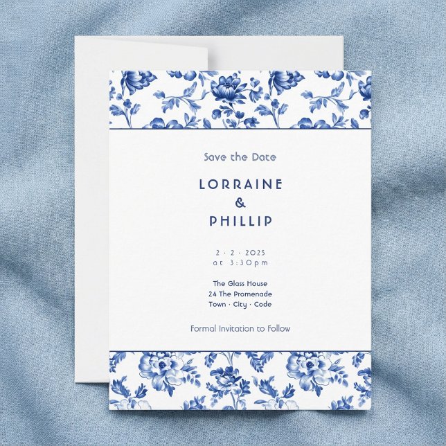 Save The Date Style vintage Floral bleu (Floral blue delftware vintage style save the date.)