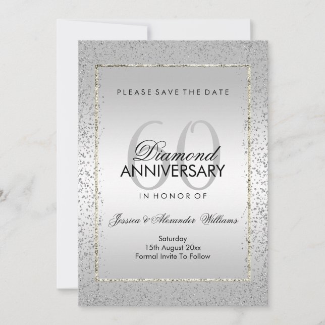 Save The Date Stylish Argent Confetti 60e Mariage Enregistrer La (Devant)