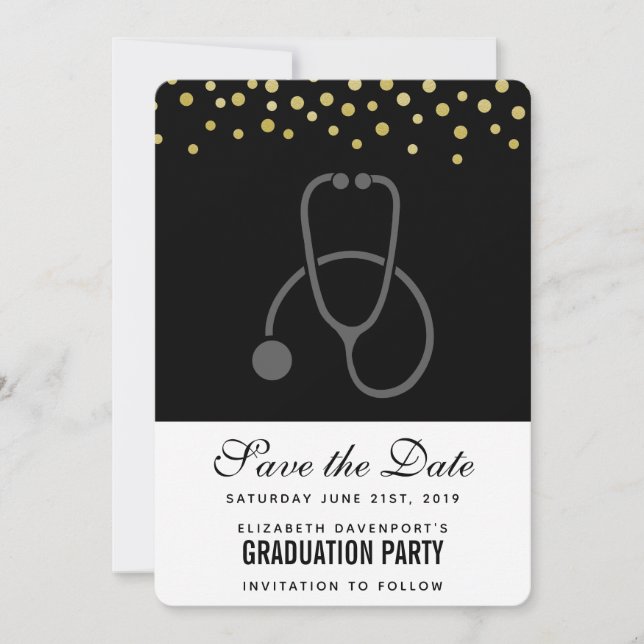 Save The Date Stylish Graduation Party Gris sur Black Stethoscop (Devant)