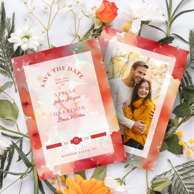Save The Date Stylish Modern Orange & Red Shades Floral Wedding (Stylish Modern Orange & Red Shades Floral Design Wedding Save the Date Card with Envelope. )