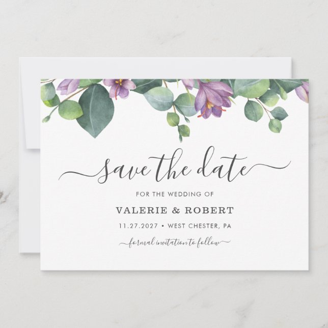 Save The Date Succulent floral pourpre d'eucalyptus (Devant)