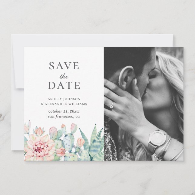 Save The Date Succulentes fleurs aquarelle. Photo de cactus flor (Devant)