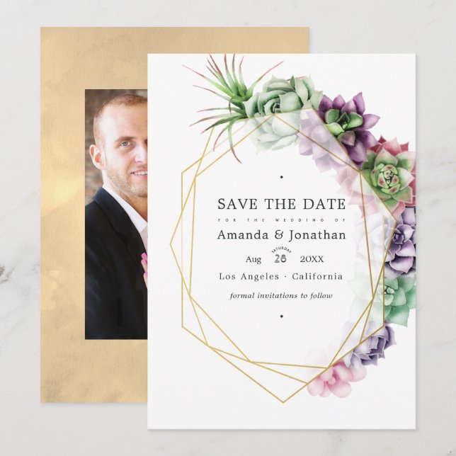 Save The Date Succulents Géométriques Herbier Jardin Mariage  (Devant / Derrière)