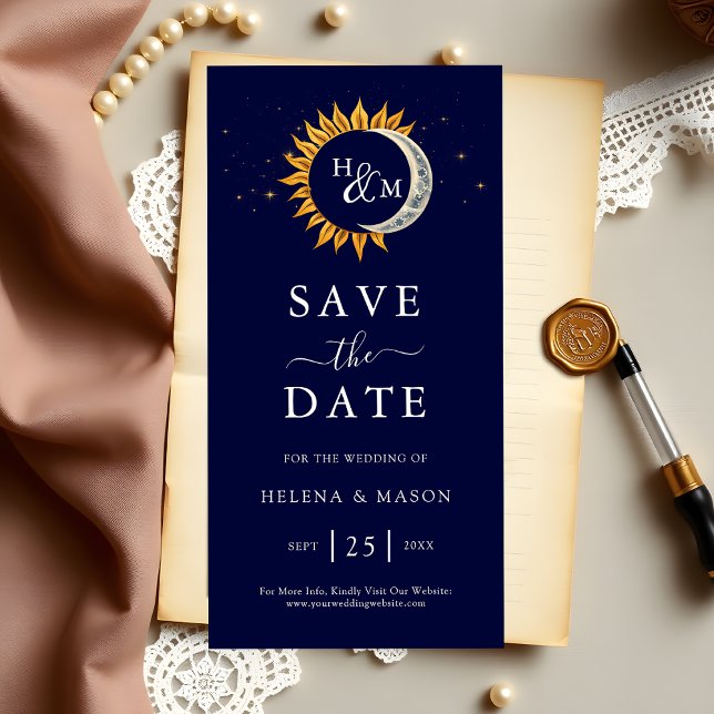 Save The Date Sun Moon Stars Monogram Navy Blue Mariage (Créateur téléchargé)
