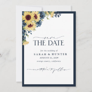 Save The Date Sunflower Blue Script Photo Wedding Enregistrer La