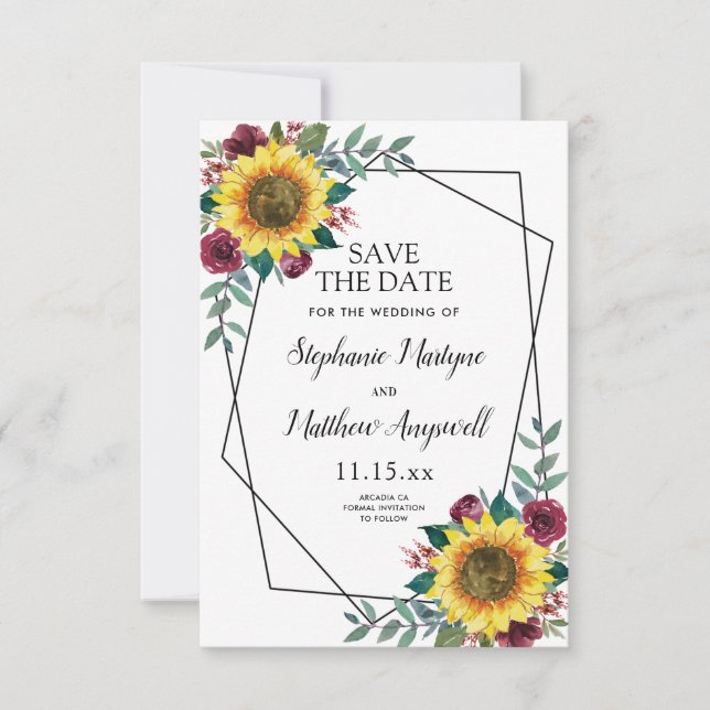 Save The Date Sunflower Bourgogne Rose Mariage géométrique (Devant)