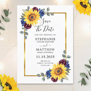 Save The Date Sunflower Burgundy Marine Floral Gold Mariage