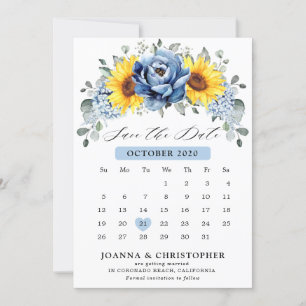 Save The Date Sunflower Dusty Blue Slate Peony Calendrier floral
