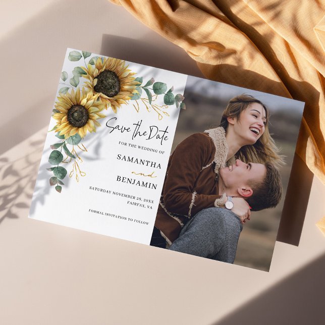 Save The Date Sunflower Eucalyptus Aquarelle Mariage photo (Sunflower Eucalyptus Script Photo Wedding Save the Date Announcement)