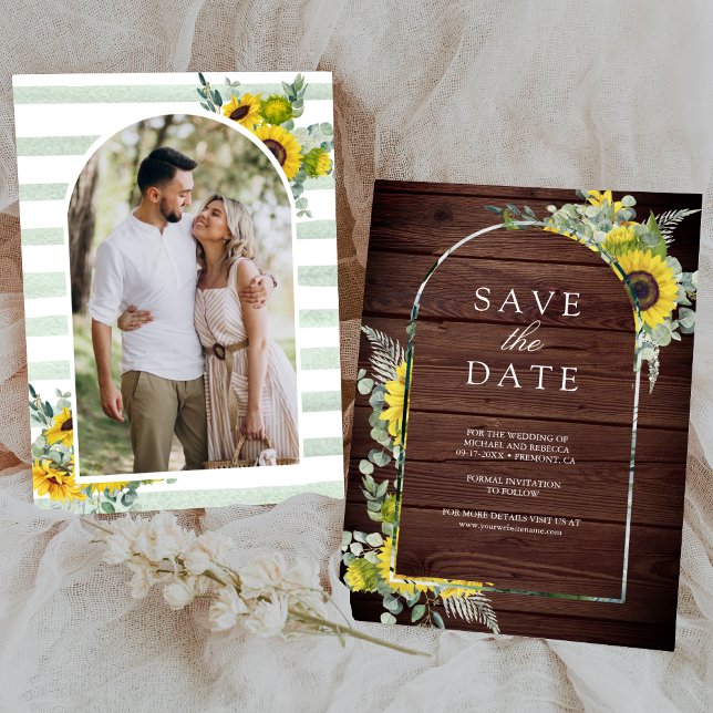 Save The Date Sunflower Eucalyptus Photo Mariage en bois (Créateur téléchargé)