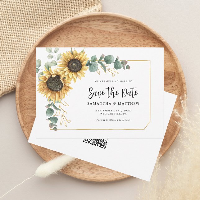 Save The Date Sunflower Eucalyptus Site Floral QR Code (Sunflower Floral Eucalyptus Wedding Save the Date Morgana Script QR Code Announcement)